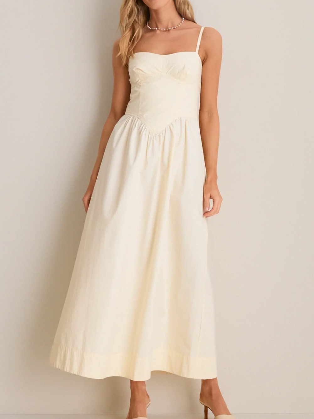 Dress To Light Yellow Beige Shell Waisted Midi Dress - Picture 1 of 13